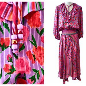 Susan Freis Womens Vintage Size S Floral Stripe Ruffle Bead Tie Flouncy Dress